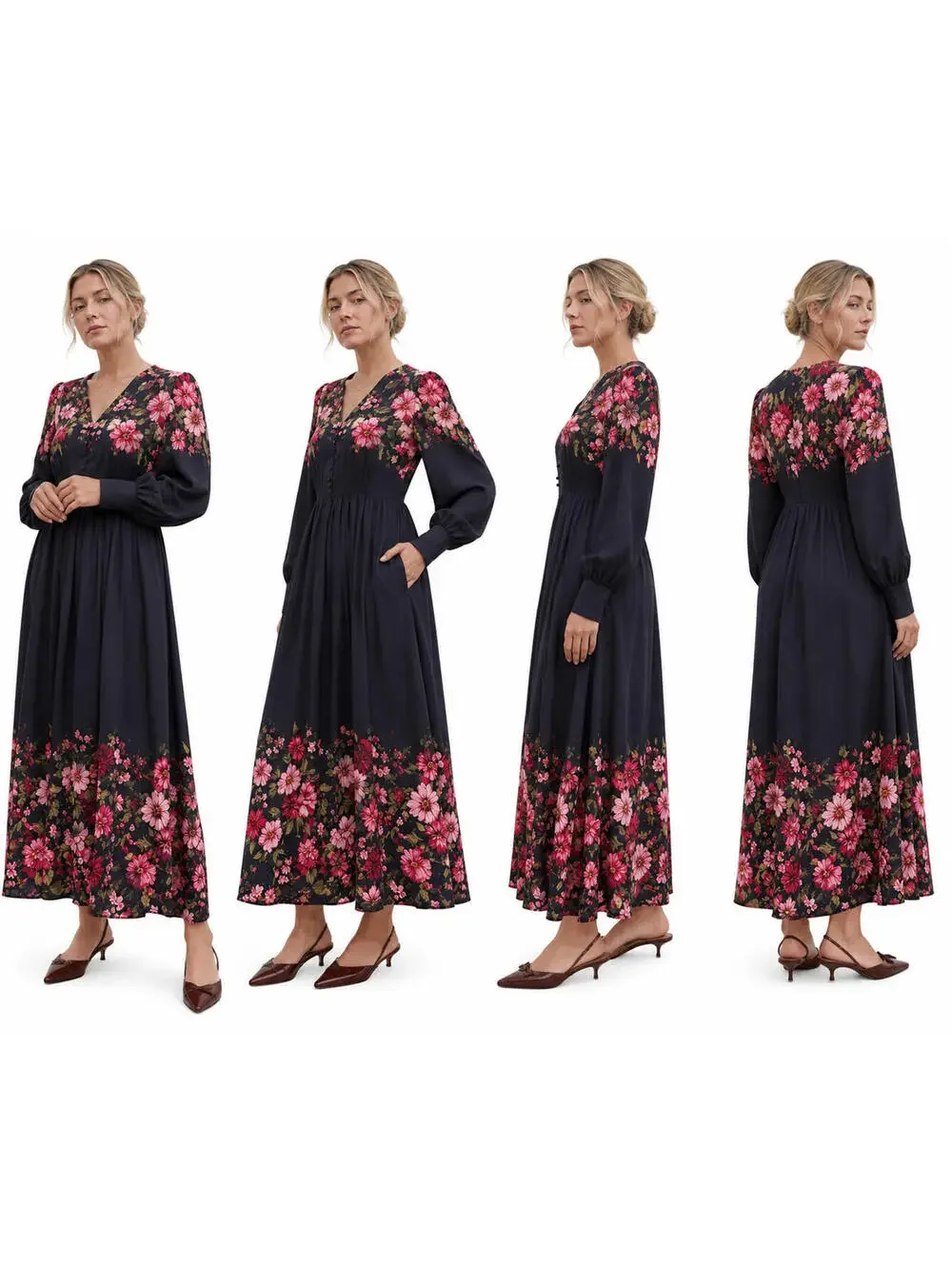 NWT Black Floral Dress Long Sleeve Button Front Romantic Cottagecore sz L Modest - Picture 6 of 6
